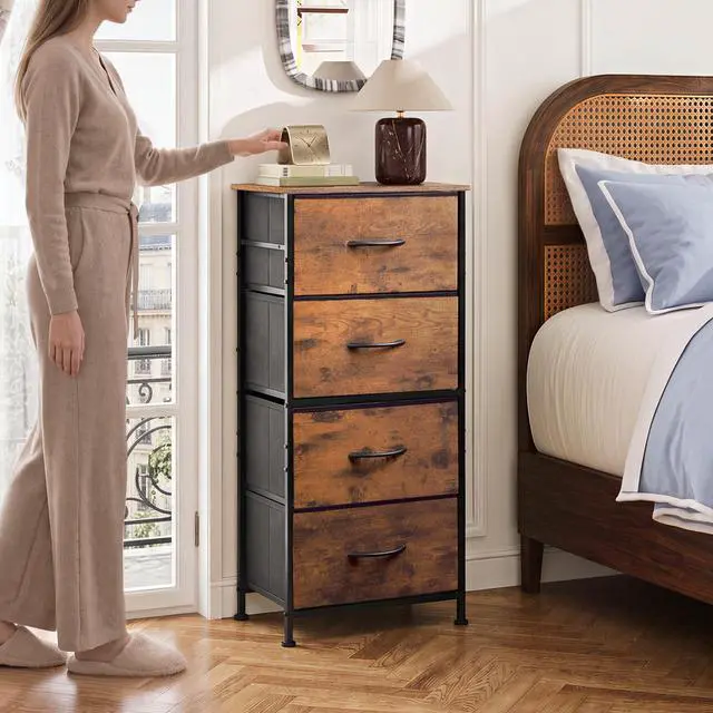 Alt view image 2 of 7 - Dresser with 4 Drawers, Fabric Storage Tower, Organizer Unit for Bedroom, Hallway, Entryway, Closets, Sturdy Steel Frame, Wood Top, Easy Pull Handle, Rustic Brown Wood Grain Print