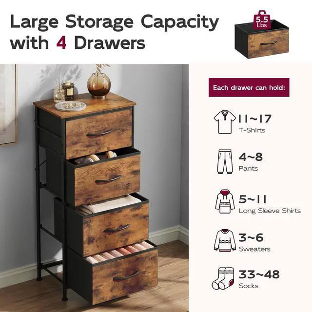 Alt view image 5 of 7 - Dresser with 4 Drawers, Fabric Storage Tower, Organizer Unit for Bedroom, Hallway, Entryway, Closets, Sturdy Steel Frame, Wood Top, Easy Pull Handle, Rustic Brown Wood Grain Print