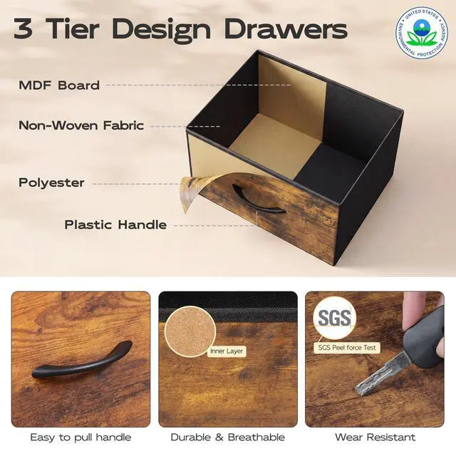 Alt view image 6 of 7 - Dresser with 4 Drawers, Fabric Storage Tower, Organizer Unit for Bedroom, Hallway, Entryway, Closets, Sturdy Steel Frame, Wood Top, Easy Pull Handle, Rustic Brown Wood Grain Print