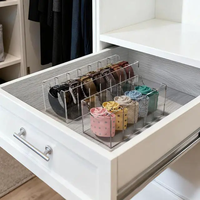 Alt view image 4 of 7 - Belt Organizer, Acrylic 7 Compartments Container Storage Holder, Clear Display Case for Closet Tie and Bow Tie