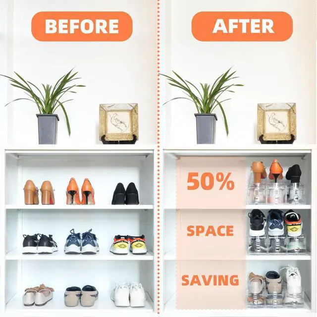 Alt view image 4 of 7 - Shoe Slots Organizer, 20PCS Adjustable Double Layer Stack Shoe Rack, 50% Space-Saving Storage Rack Holder, Transparent