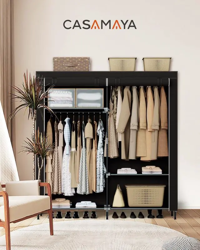 Alt view image 2 of 7 - Portable Closet, 61.8 Inch Large Capacity Wardrobe Closet with Cover, Clothes Storage Organizer with Shelves and 2 Hanging Rods, Easy to Assembly, Black PCT222B01