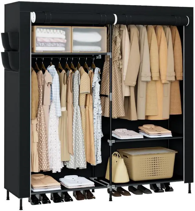Main image of Portable Closet, 61.8 Inch Large Capacity Wardrobe Closet with Cover, Clothes Storage Organizer with Shelves and 2 Hanging Rods, Easy to Assembly, Black PCT222B01
