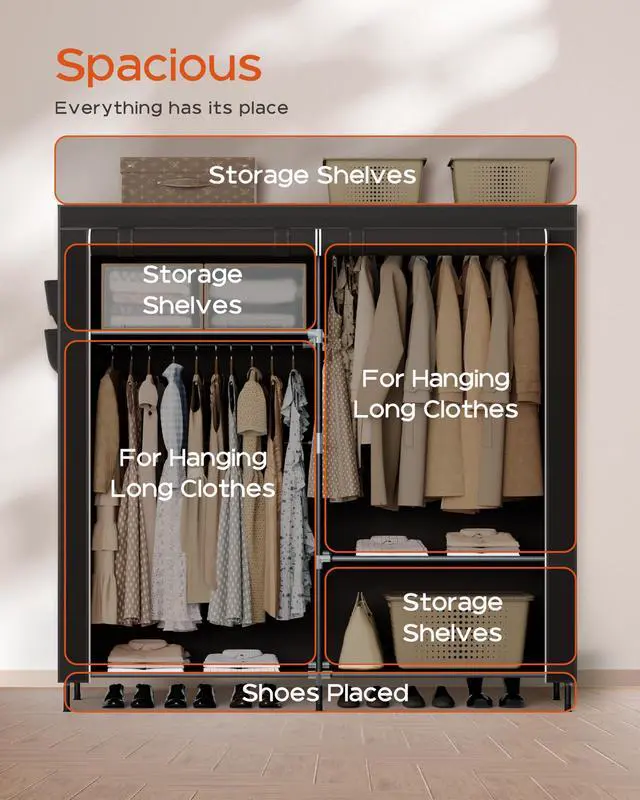 Alt view image 5 of 7 - Portable Closet, 61.8 Inch Large Capacity Wardrobe Closet with Cover, Clothes Storage Organizer with Shelves and 2 Hanging Rods, Easy to Assembly, Black PCT222B01