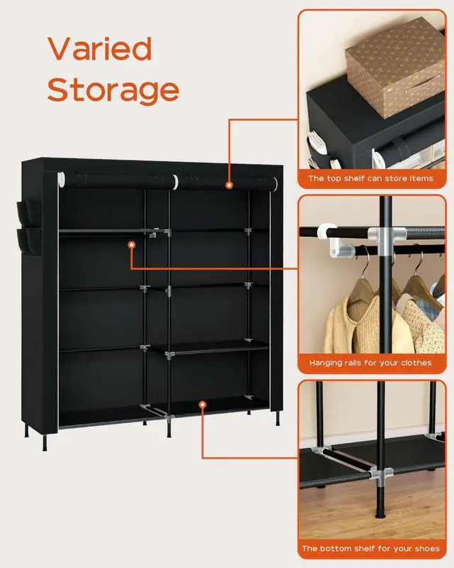 Alt view image 6 of 7 - Portable Closet, 61.8 Inch Large Capacity Wardrobe Closet with Cover, Clothes Storage Organizer with Shelves and 2 Hanging Rods, Easy to Assembly, Black PCT222B01