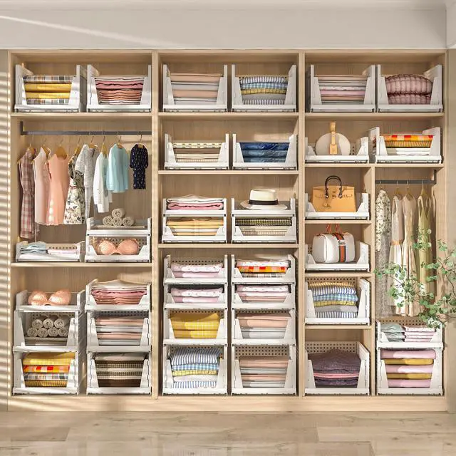 Alt view image 2 of 7 - 5 Packs Stackable Plastic Storage Basket for Closet Foldable Closet Organizers and Storage Bins for Shelves Storage Drawer Container for Clothes, Wardrobe, Pantry, 5L
