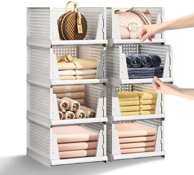 Main image of 5 Packs Stackable Plastic Storage Basket for Closet Foldable Closet Organizers and Storage Bins for Shelves Storage Drawer Container for Clothes, Wardrobe, Pantry, 5L
