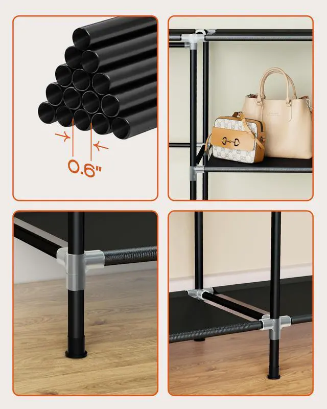 Alt view image 7 of 7 - Portable Closet, 61.8 Inch Large Capacity Wardrobe Closet with Cover, Clothes Storage Organizer with Shelves and 2 Hanging Rods, Easy to Assembly, Black PCT222B01