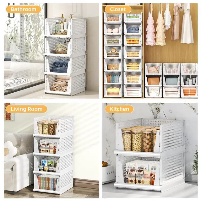 Alt view image 3 of 7 - 5 Packs Stackable Plastic Storage Basket for Closet Foldable Closet Organizers and Storage Bins for Shelves Storage Drawer Container for Clothes, Wardrobe, Pantry, 5L