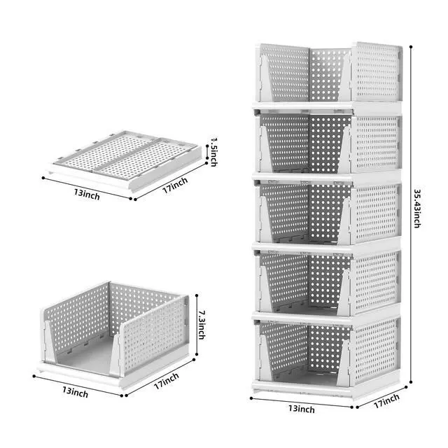 Alt view image 5 of 7 - 5 Packs Stackable Plastic Storage Basket for Closet Foldable Closet Organizers and Storage Bins for Shelves Storage Drawer Container for Clothes, Wardrobe, Pantry, 5L