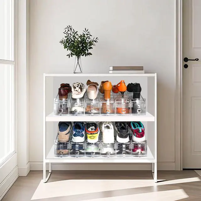 Alt view image 2 of 7 - Shoe Slots Organizer, 20PCS Adjustable Double Layer Stack Shoe Rack, 50% Space-Saving Storage Rack Holder, Transparent