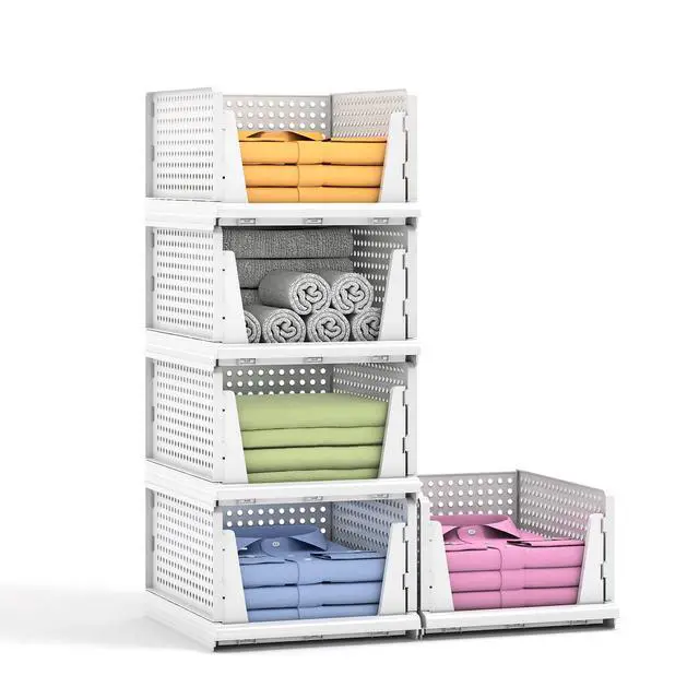 Alt view image 7 of 7 - 5 Packs Stackable Plastic Storage Basket for Closet Foldable Closet Organizers and Storage Bins for Shelves Storage Drawer Container for Clothes, Wardrobe, Pantry, 5L