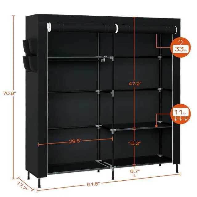 Alt view image 4 of 7 - Portable Closet, 61.8 Inch Large Capacity Wardrobe Closet with Cover, Clothes Storage Organizer with Shelves and 2 Hanging Rods, Easy to Assembly, Black PCT222B01