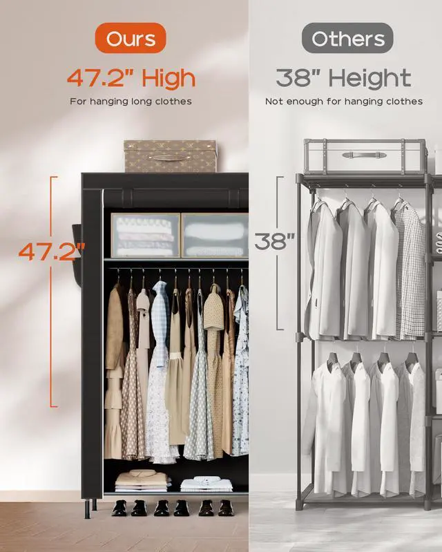Alt view image 3 of 7 - Portable Closet, 61.8 Inch Large Capacity Wardrobe Closet with Cover, Clothes Storage Organizer with Shelves and 2 Hanging Rods, Easy to Assembly, Black PCT222B01