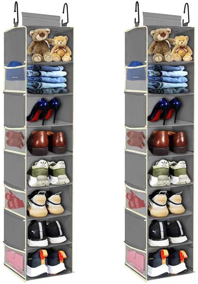 Main image of 2 Pack Large-Sized Hanging Shoe Organizer 8-Shelf, Hanging Closet Organizer with 8 Side Pockets, Wider Hanging Shelves for Storage Shoes Clothes 9" W × 11.8" D× 48" H, Grey.