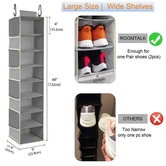 Alt view image 2 of 6 - 2 Pack Large-Sized Hanging Shoe Organizer 8-Shelf, Hanging Closet Organizer with 8 Side Pockets, Wider Hanging Shelves for Storage Shoes Clothes 9" W × 11.8" D× 48" H, Grey.