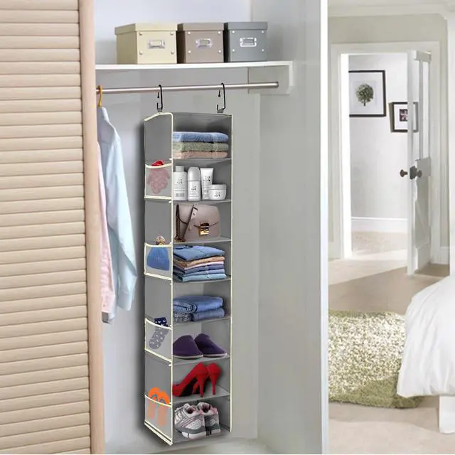 Alt view image 4 of 6 - 2 Pack Large-Sized Hanging Shoe Organizer 8-Shelf, Hanging Closet Organizer with 8 Side Pockets, Wider Hanging Shelves for Storage Shoes Clothes 9" W × 11.8" D× 48" H, Grey.