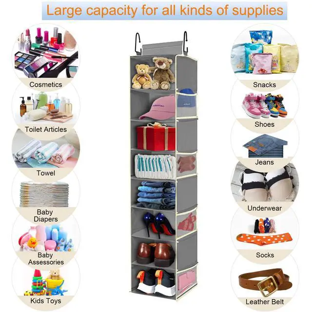 Alt view image 6 of 6 - 2 Pack Large-Sized Hanging Shoe Organizer 8-Shelf, Hanging Closet Organizer with 8 Side Pockets, Wider Hanging Shelves for Storage Shoes Clothes 9" W × 11.8" D× 48" H, Grey.