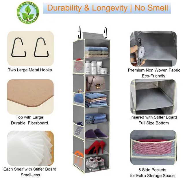 Alt view image 5 of 6 - 2 Pack Large-Sized Hanging Shoe Organizer 8-Shelf, Hanging Closet Organizer with 8 Side Pockets, Wider Hanging Shelves for Storage Shoes Clothes 9" W × 11.8" D× 48" H, Grey.