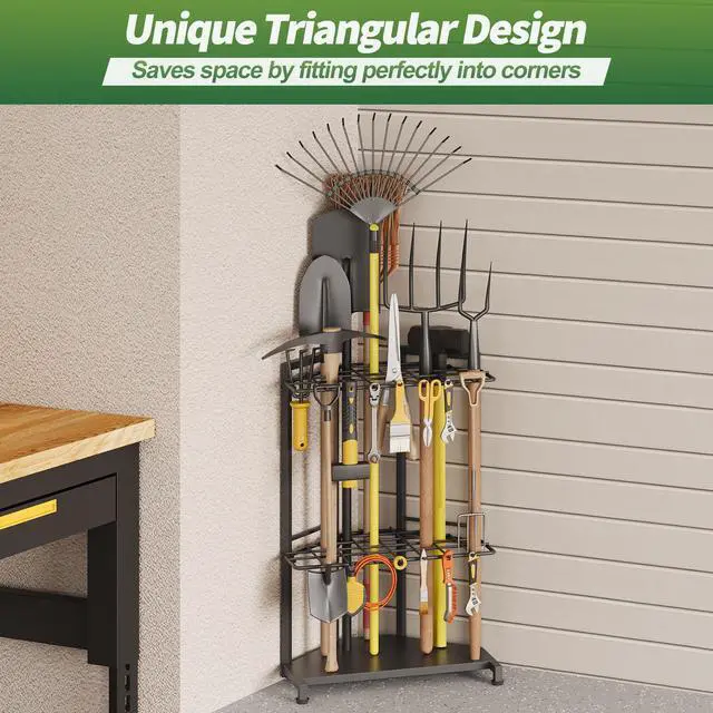 Alt view image 2 of 7 - Garden Tool Organizer for Corner - Heavy Duty Metal Rack with 34 Storage Compartments & 14 Hooks for Shovels, Rakes, Long-Handled Tools, Ideal for Garden, Shed, Garage Storage