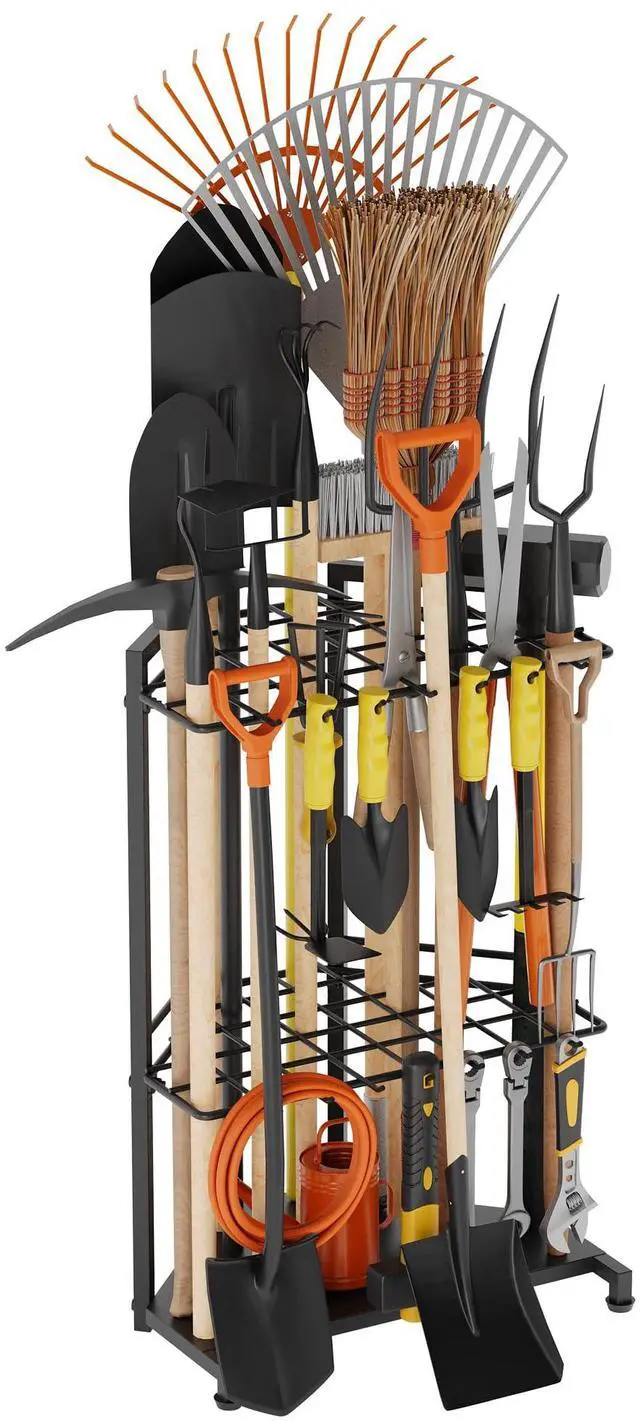 Main image of Garden Tool Organizer for Corner - Heavy Duty Metal Rack with 34 Storage Compartments & 14 Hooks for Shovels, Rakes, Long-Handled Tools, Ideal for Garden, Shed, Garage Storage