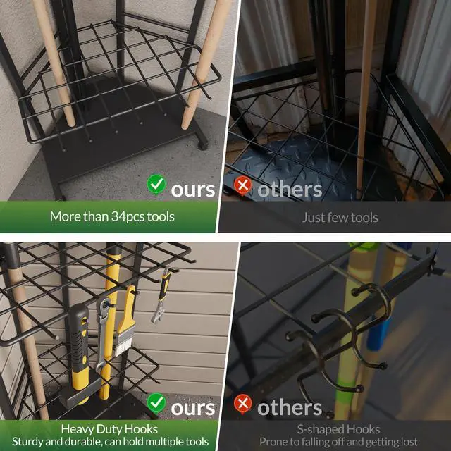 Alt view image 5 of 7 - Garden Tool Organizer for Corner - Heavy Duty Metal Rack with 34 Storage Compartments & 14 Hooks for Shovels, Rakes, Long-Handled Tools, Ideal for Garden, Shed, Garage Storage