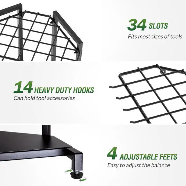 Alt view image 3 of 7 - Garden Tool Organizer for Corner - Heavy Duty Metal Rack with 34 Storage Compartments & 14 Hooks for Shovels, Rakes, Long-Handled Tools, Ideal for Garden, Shed, Garage Storage