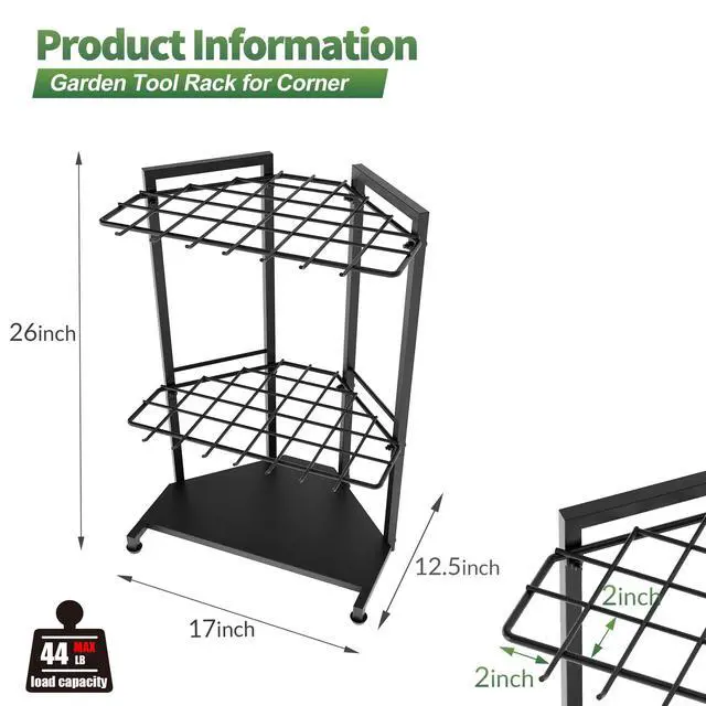 Alt view image 6 of 7 - Garden Tool Organizer for Corner - Heavy Duty Metal Rack with 34 Storage Compartments & 14 Hooks for Shovels, Rakes, Long-Handled Tools, Ideal for Garden, Shed, Garage Storage
