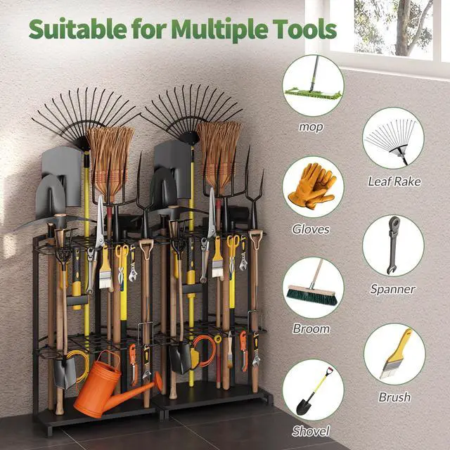 Alt view image 4 of 7 - Garden Tool Organizer for Corner - Heavy Duty Metal Rack with 34 Storage Compartments & 14 Hooks for Shovels, Rakes, Long-Handled Tools, Ideal for Garden, Shed, Garage Storage