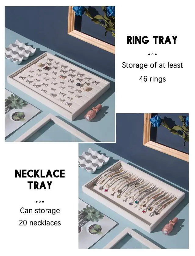 Alt view image 4 of 7 - Set of 5 Stackable Jewelry Organizer Tray Necklace Earring Box Storage Ring Bracelet Display Holder (beige(ring+necklace+12girds+24girds+The glass lid))