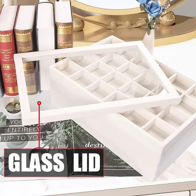 Alt view image 3 of 7 - Set of 5 Stackable Jewelry Organizer Tray Necklace Earring Box Storage Ring Bracelet Display Holder (beige(ring+necklace+12girds+24girds+The glass lid))