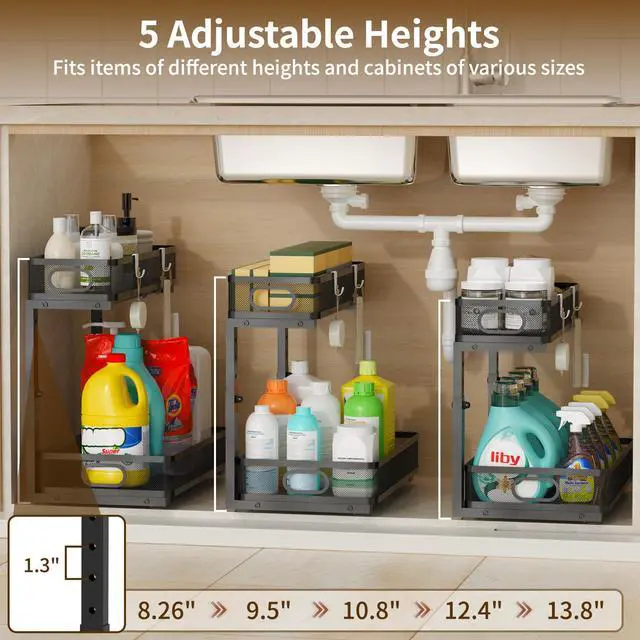 Alt view image 3 of 7 - Under Sink Organizer 2 Pack, 2-Tier Slide Out Cabinet Organizer with Metal Sliding Drawer and Hooks, Pull Out Storage Baskets for Kitchen Bathroom Pantry Cabinet Organization (black)