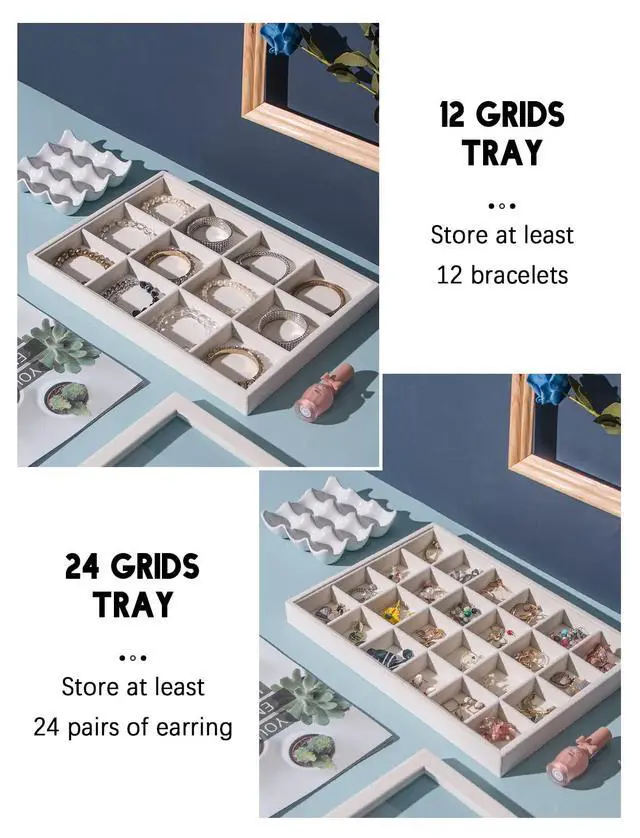 Alt view image 5 of 7 - Set of 5 Stackable Jewelry Organizer Tray Necklace Earring Box Storage Ring Bracelet Display Holder (beige(ring+necklace+12girds+24girds+The glass lid))
