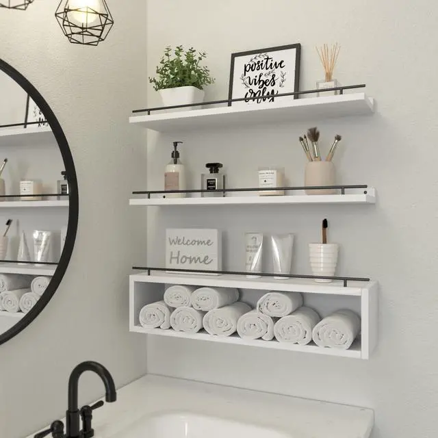 Alt view image 2 of 6 - Floating Shelves for Wall 24 inch with Cube Shelf, Wall Shelves with Metal Rail for Bathroom Decor, Bathroom Organizers and Storage, Over Toilet Shelves, Toilet Paper-White