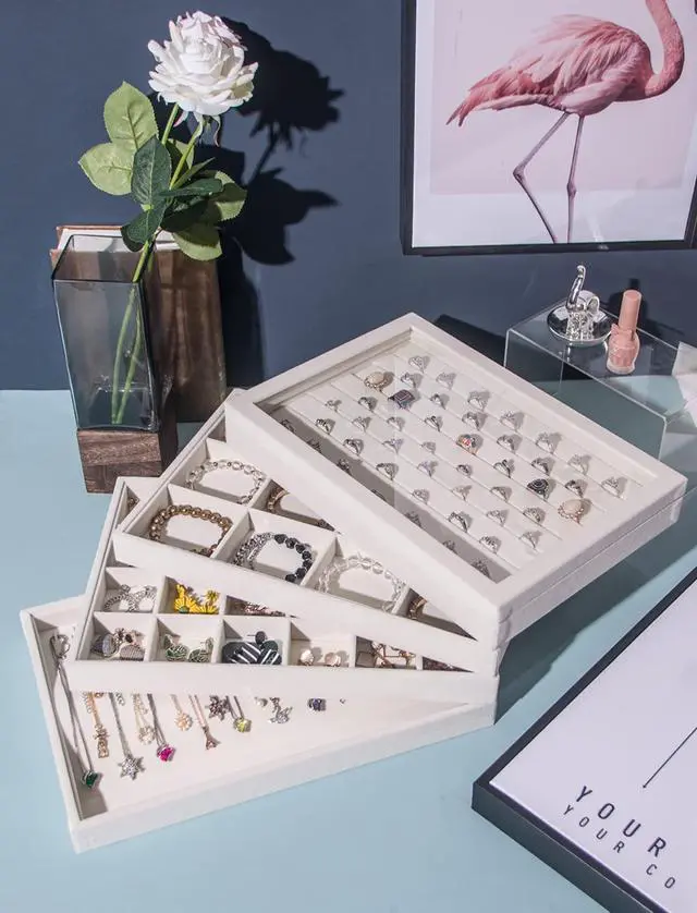 Alt view image 6 of 7 - Set of 5 Stackable Jewelry Organizer Tray Necklace Earring Box Storage Ring Bracelet Display Holder (beige(ring+necklace+12girds+24girds+The glass lid))