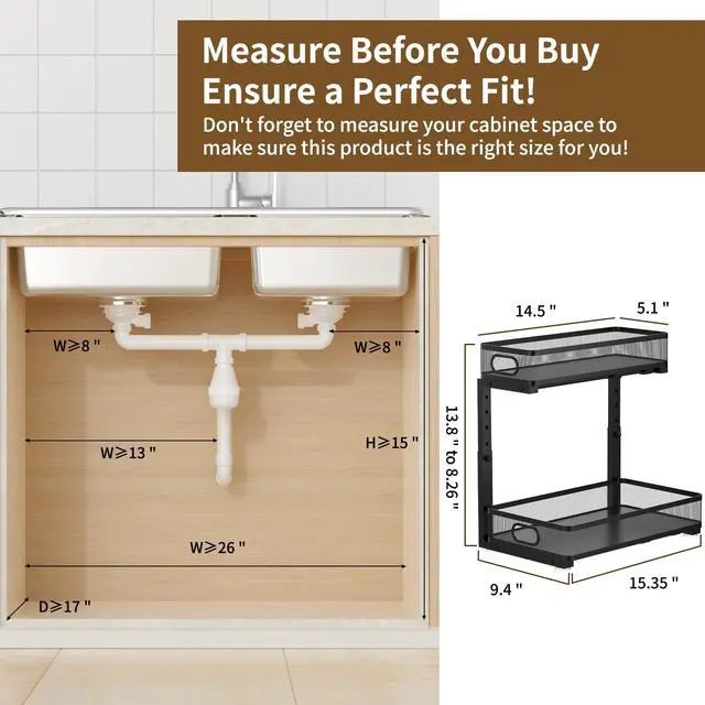 Alt view image 2 of 7 - Under Sink Organizer 2 Pack, 2-Tier Slide Out Cabinet Organizer with Metal Sliding Drawer and Hooks, Pull Out Storage Baskets for Kitchen Bathroom Pantry Cabinet Organization (black)