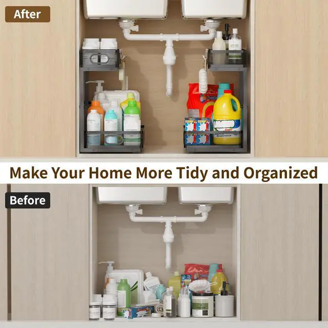 Alt view image 4 of 7 - Under Sink Organizer 2 Pack, 2-Tier Slide Out Cabinet Organizer with Metal Sliding Drawer and Hooks, Pull Out Storage Baskets for Kitchen Bathroom Pantry Cabinet Organization (black)