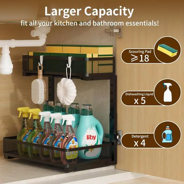 Alt view image 6 of 7 - Under Sink Organizer 2 Pack, 2-Tier Slide Out Cabinet Organizer with Metal Sliding Drawer and Hooks, Pull Out Storage Baskets for Kitchen Bathroom Pantry Cabinet Organization (black)