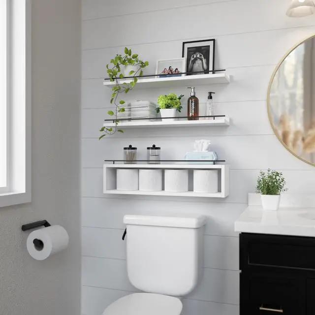 Alt view image 3 of 6 - Floating Shelves for Wall 24 inch with Cube Shelf, Wall Shelves with Metal Rail for Bathroom Decor, Bathroom Organizers and Storage, Over Toilet Shelves, Toilet Paper-White