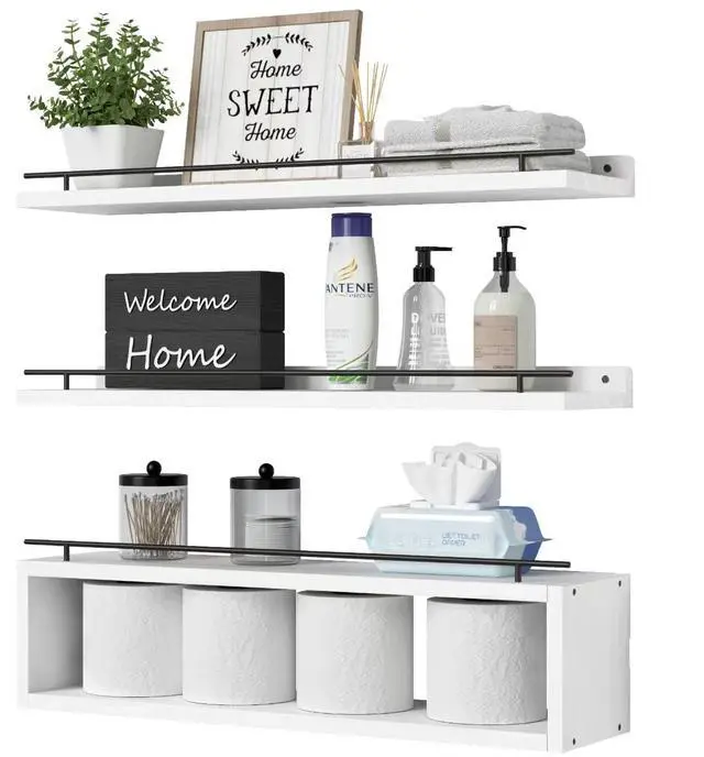 Main image of Floating Shelves for Wall 24 inch with Cube Shelf, Wall Shelves with Metal Rail for Bathroom Decor, Bathroom Organizers and Storage, Over Toilet Shelves, Toilet Paper-White