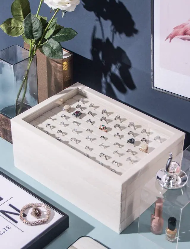 Alt view image 7 of 7 - Set of 5 Stackable Jewelry Organizer Tray Necklace Earring Box Storage Ring Bracelet Display Holder (beige(ring+necklace+12girds+24girds+The glass lid))