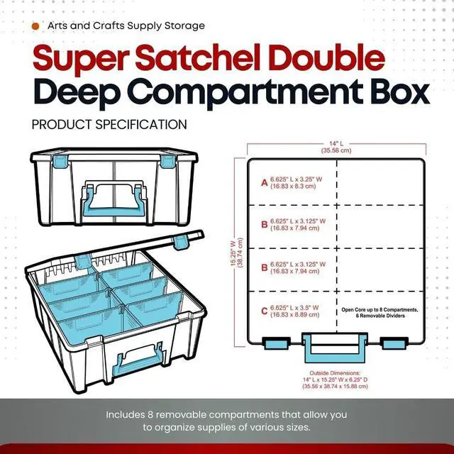 Alt view image 7 of 7 - 6990SA Super Satchel Double Deep Compartment Box - Art Storage with 8 Removable Compartments, Smart Closure for Craft Supplies (Clear & Aqua- Pack of 1)