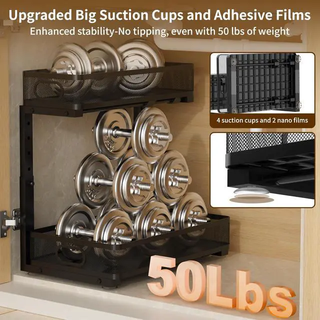 Alt view image 7 of 7 - Under Sink Organizer 2 Pack, 2-Tier Slide Out Cabinet Organizer with Metal Sliding Drawer and Hooks, Pull Out Storage Baskets for Kitchen Bathroom Pantry Cabinet Organization (black)