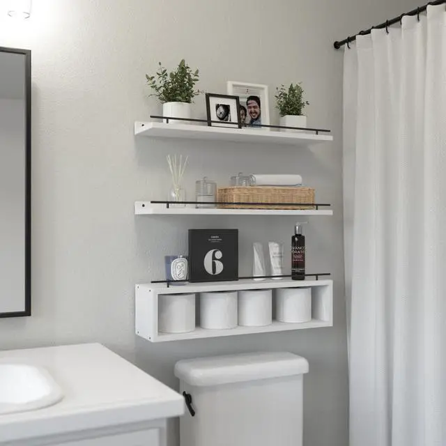 Alt view image 5 of 6 - Floating Shelves for Wall 24 inch with Cube Shelf, Wall Shelves with Metal Rail for Bathroom Decor, Bathroom Organizers and Storage, Over Toilet Shelves, Toilet Paper-White