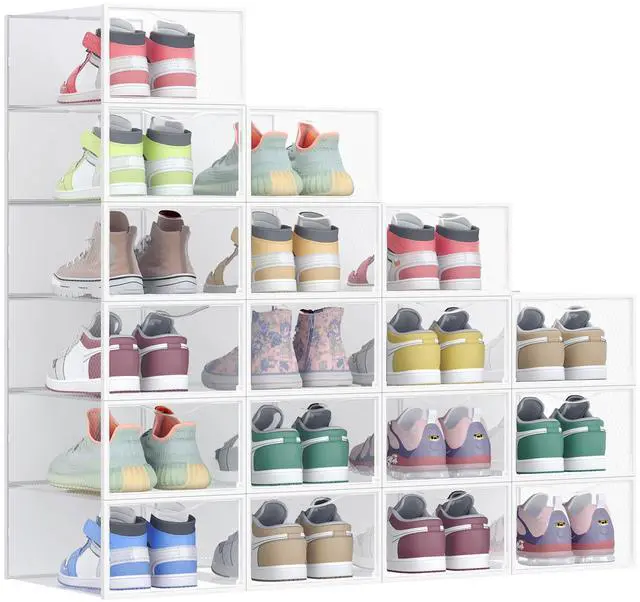 Main image of Shoe Boxes, Shoe Storage Organizers Rack for Closet, Plastic Stackable Sneaker Containers Case, 18 Pack, Transparent and Cloud White ULSP318W01
