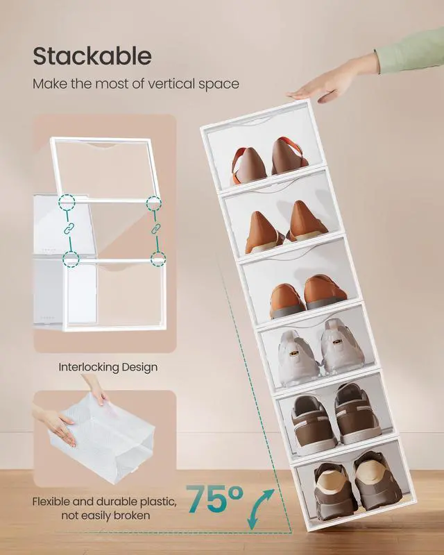 Alt view image 3 of 5 - Shoe Boxes, Shoe Storage Organizers Rack for Closet, Plastic Stackable Sneaker Containers Case, 18 Pack, Transparent and Cloud White ULSP318W01