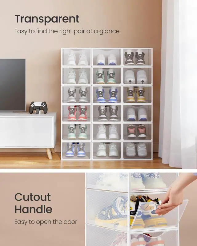 Alt view image 4 of 5 - Shoe Boxes, Shoe Storage Organizers Rack for Closet, Plastic Stackable Sneaker Containers Case, 18 Pack, Transparent and Cloud White ULSP318W01