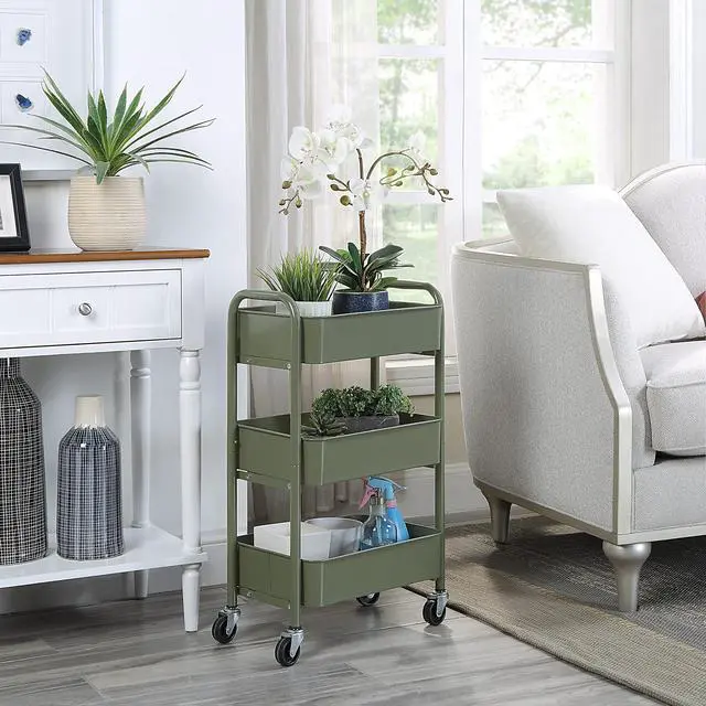 Alt view image 2 of 6 - 3-Tier Delicate Compact Rolling Metal Storage Organizer - Mobile Utility Cart Kitchen/Under Desk Cart with Caster Wheels - Army (15.35" X 10.24" X 26.8"H)