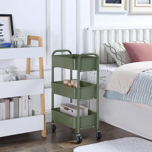 Alt view image 3 of 6 - 3-Tier Delicate Compact Rolling Metal Storage Organizer - Mobile Utility Cart Kitchen/Under Desk Cart with Caster Wheels - Army (15.35" X 10.24" X 26.8"H)