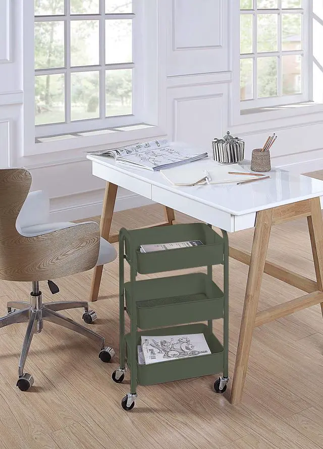Alt view image 4 of 6 - 3-Tier Delicate Compact Rolling Metal Storage Organizer - Mobile Utility Cart Kitchen/Under Desk Cart with Caster Wheels - Army (15.35" X 10.24" X 26.8"H)